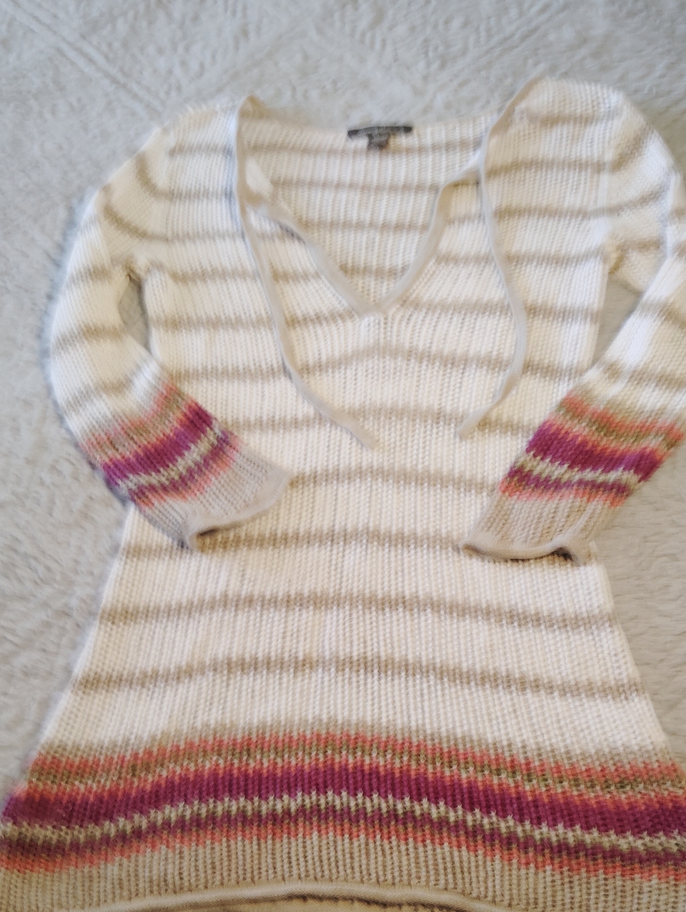 Tommy Bahama Cream Striped V-Neck Sweater Dress with Pink Accent